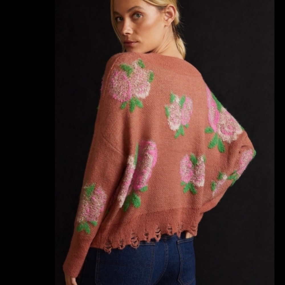 Anthropologie Drop Shoulder Floral Rose V-Neck Sweater - Picture 3 of 14